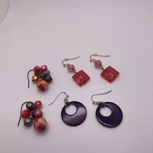 Lot Of 3 Dangle Drop - Costume Earrings Pierced Beaded / Bead Mix Purple / Pink